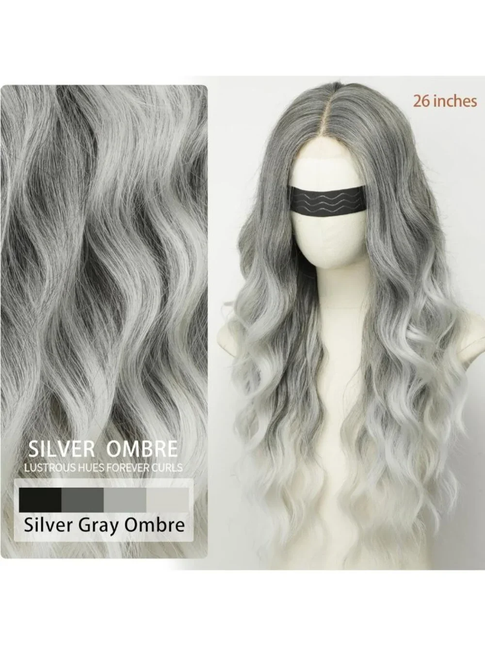 26-Inch Silver Gray Ombre Wavy Wig - Heat-Resistant, Natural Hairline, Curly